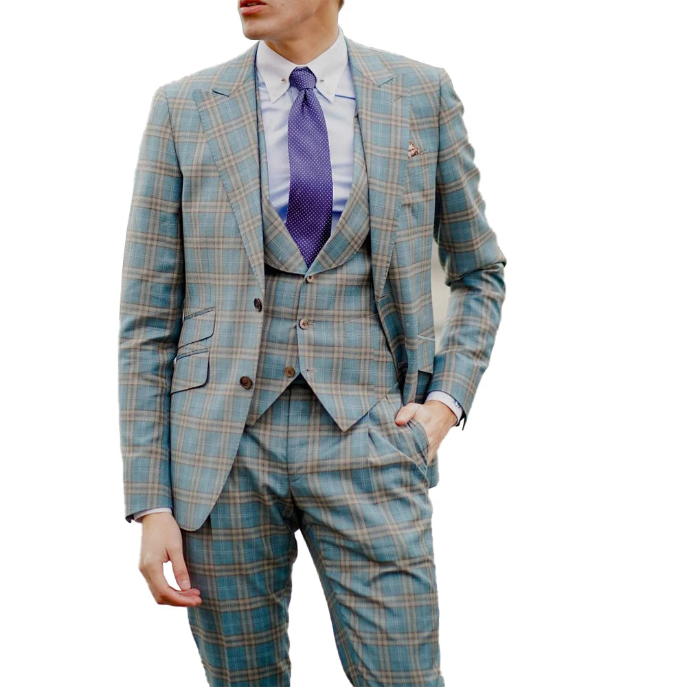 Plaid Wedding Suits For Men Peak Lapel Tuxedos Slim Fit Groom Wear Business Office 3 Pieces Jacket Pants And Vest Homme Costume