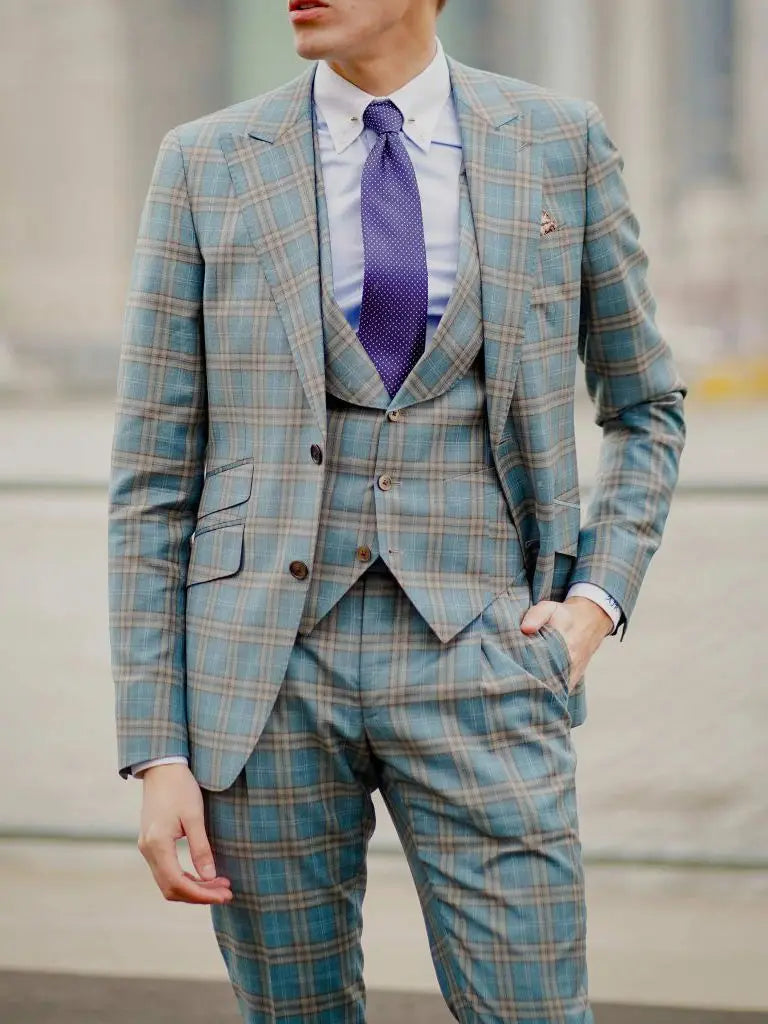 Plaid Wedding Suits For Men Peak Lapel Tuxedos Slim Fit Groom Wear Business Office 3 Pieces Jacket Pants And Vest Homme Costume