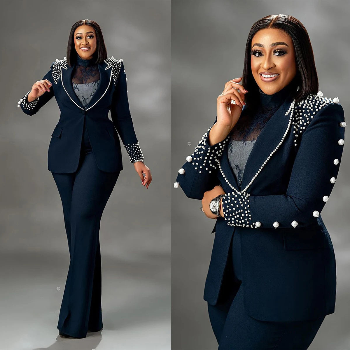 Ensemble pantalon et blazer à perles pour femme, grande taille, coupe slim, 2 pièces, sur mesure, pour soirée 