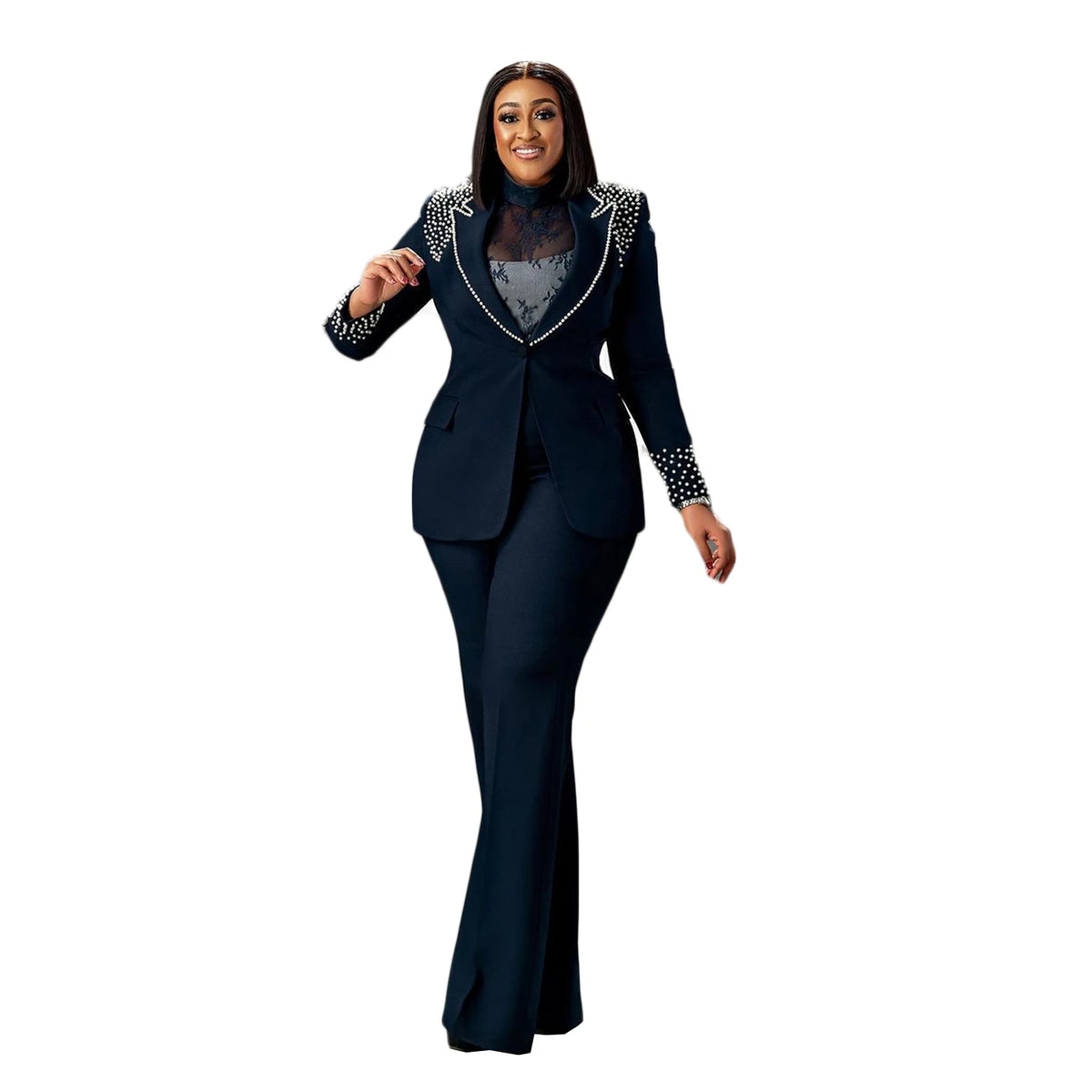 Ensemble pantalon et blazer à perles pour femme, grande taille, coupe slim, 2 pièces, sur mesure, pour soirée 
