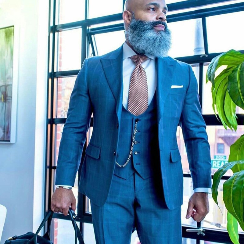 Smoking de mariage bleu à carreaux grande taille, deux boutons, revers pointus, tenue de marié, fête, bal, meilleur costume pour homme (veste + pantalon)