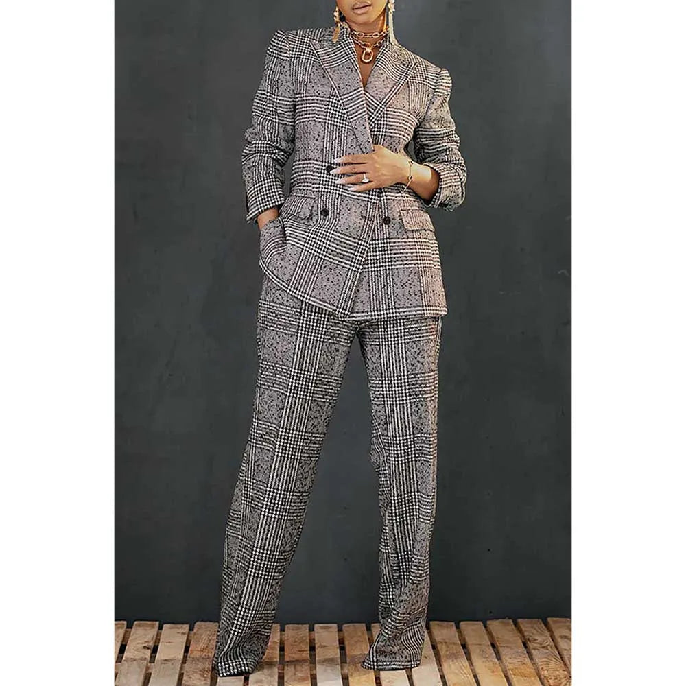 Plus Size Business Casual Pant Set Grey Plaid Lapel Blazer Suit Two Piece Pant Set