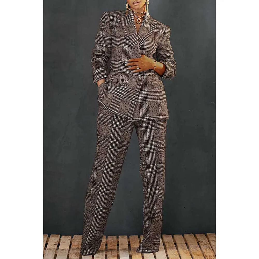 Ensemble pantalon décontracté grande taille pour le travail, blazer gris à revers à carreaux, ensemble pantalon deux pièces