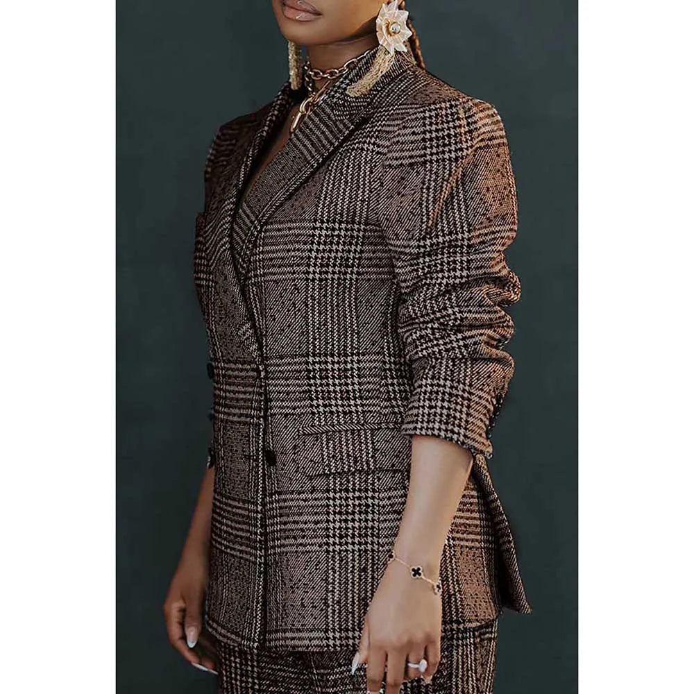 Ensemble pantalon décontracté grande taille pour le travail, blazer gris à revers à carreaux, ensemble pantalon deux pièces