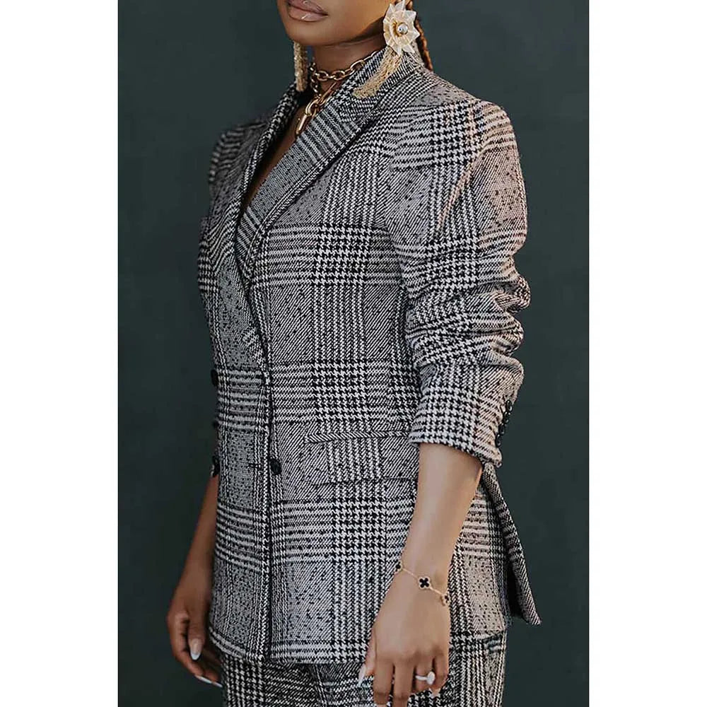 Ensemble pantalon décontracté grande taille pour le travail, blazer gris à revers à carreaux, ensemble pantalon deux pièces