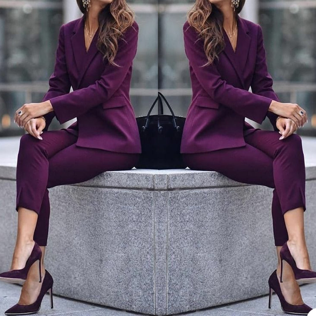 Plus Size Dark Purple Women Pants Suits Mother of the Bride Tuxedos Slim Fit Work Coat Blazer Office Lady 2 Pieces