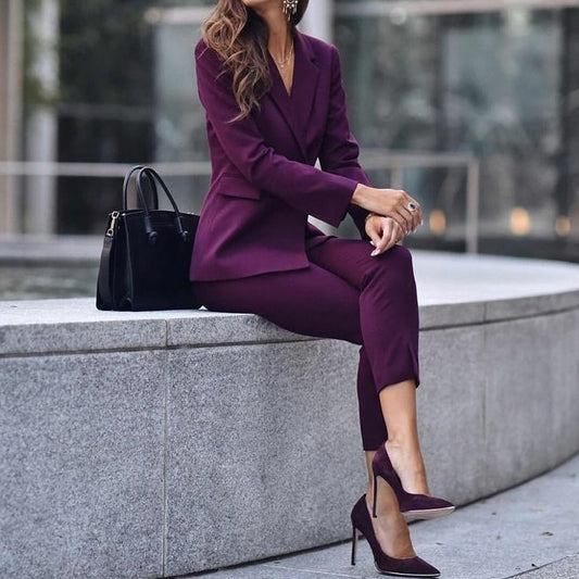Plus Size Dark Purple Women Pants Suits Mother of the Bride Tuxedos Slim Fit Work Coat Blazer Office Lady 2 Pieces