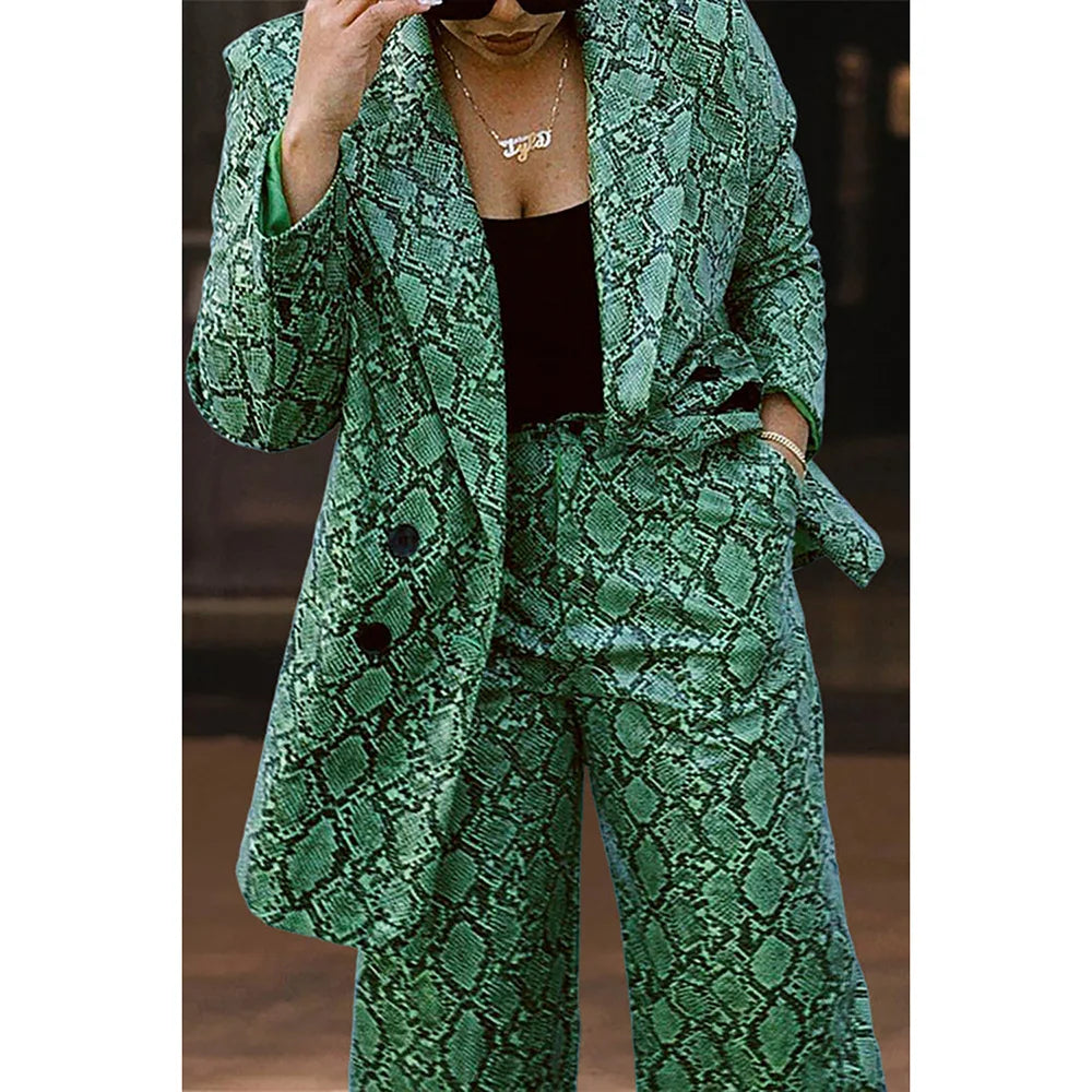 Conjunto de pantalón formal de talla grande con blazer de solapa con estampado verde, conjunto de pantalón de dos piezas
