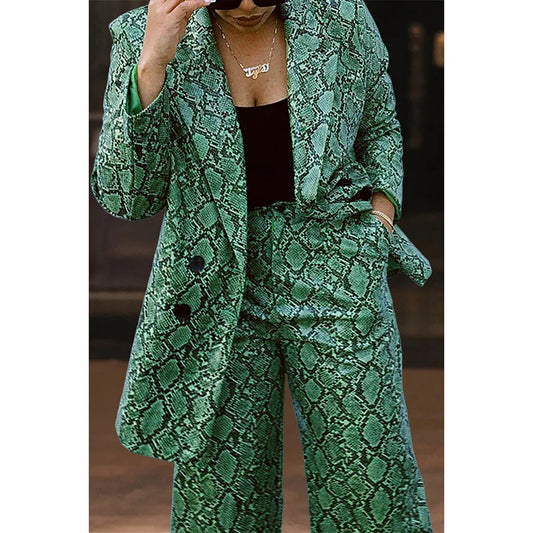 Plus Size Formal Pant Set Green Print Lapel Blazer Suit Two Piece Pant Set
