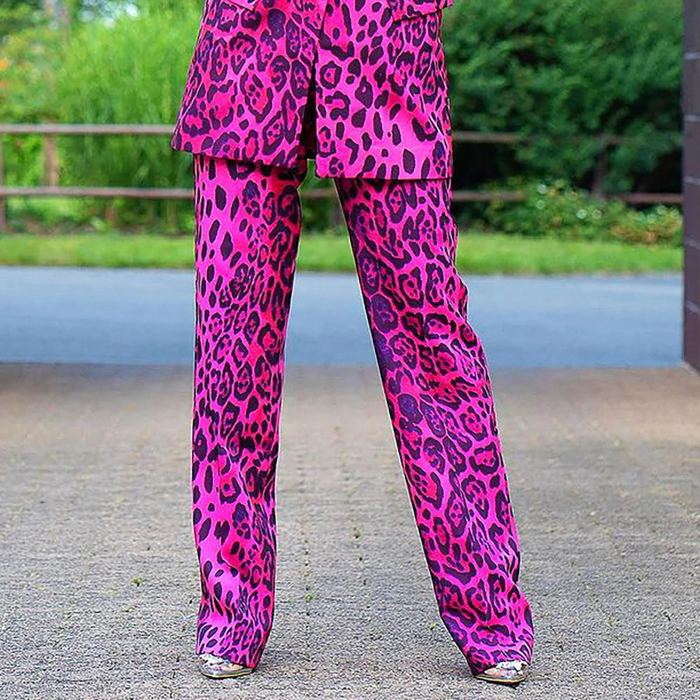 Conjunto de pantalón formal de talla grande, blazer con estampado de leopardo de manga larga color magenta, conjunto de pantalón de dos piezas
