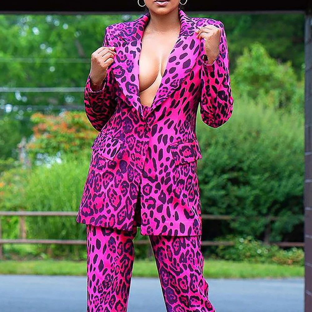 Conjunto de pantalón formal de talla grande, blazer con estampado de leopardo de manga larga color magenta, conjunto de pantalón de dos piezas