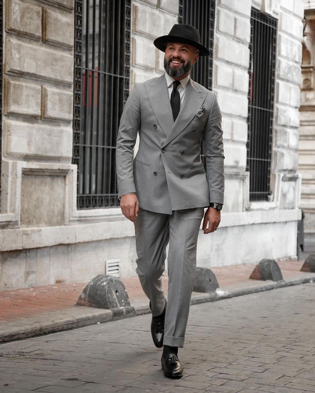 Plus Size Gray Men Wedding Tuxedos Double Breasted Groom Dinner Business Evening Suit Wear Blazer 2 Pieces