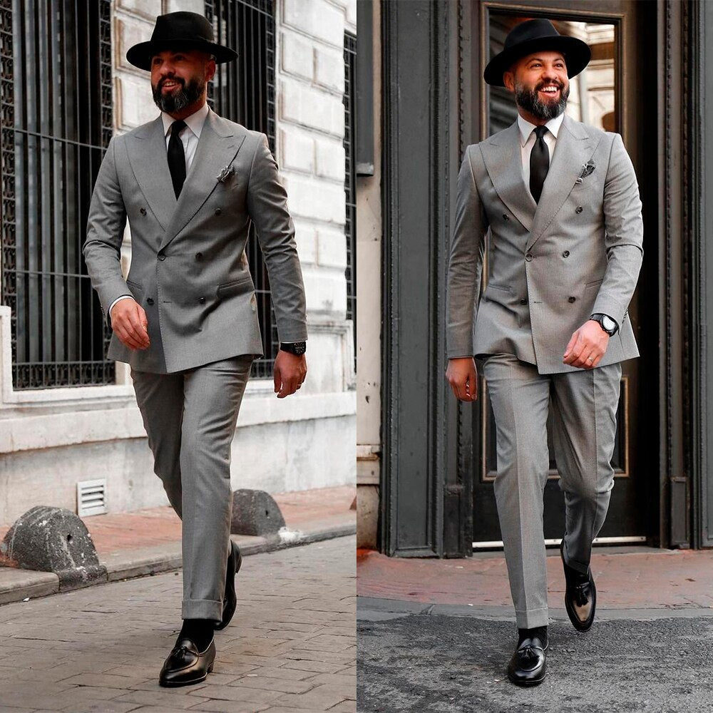 Plus Size Gray Men Wedding Tuxedos Double Breasted Groom Dinner Business Evening Suit Wear Blazer 2 Pieces
