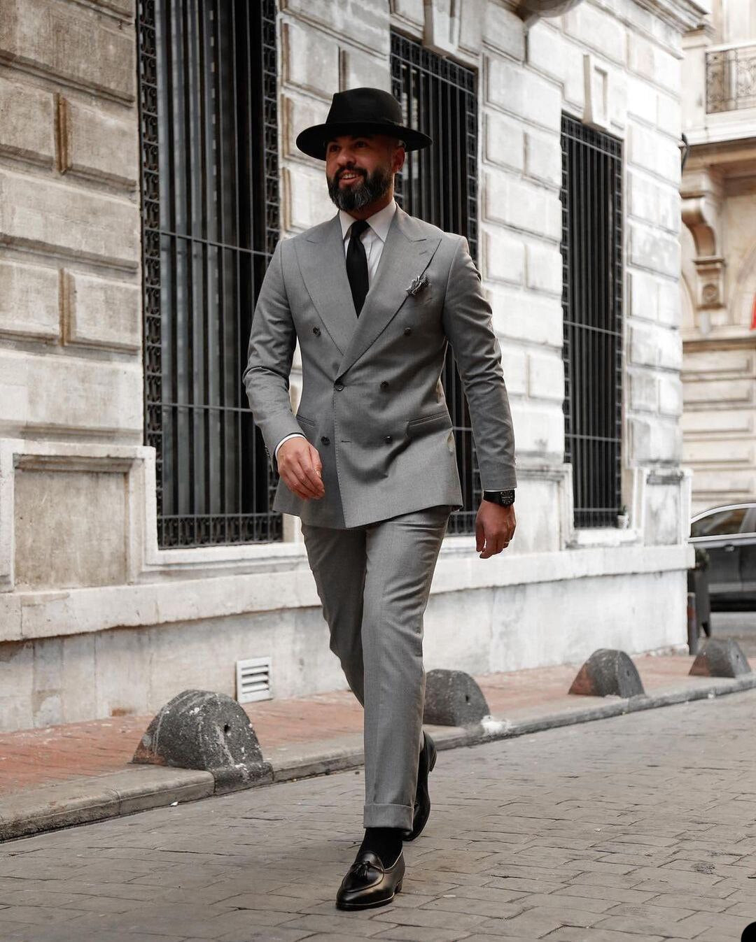 Plus Size Gray Men Wedding Tuxedos Double Breasted Groom Dinner Business Evening Suit Wear Blazer 2 Pieces