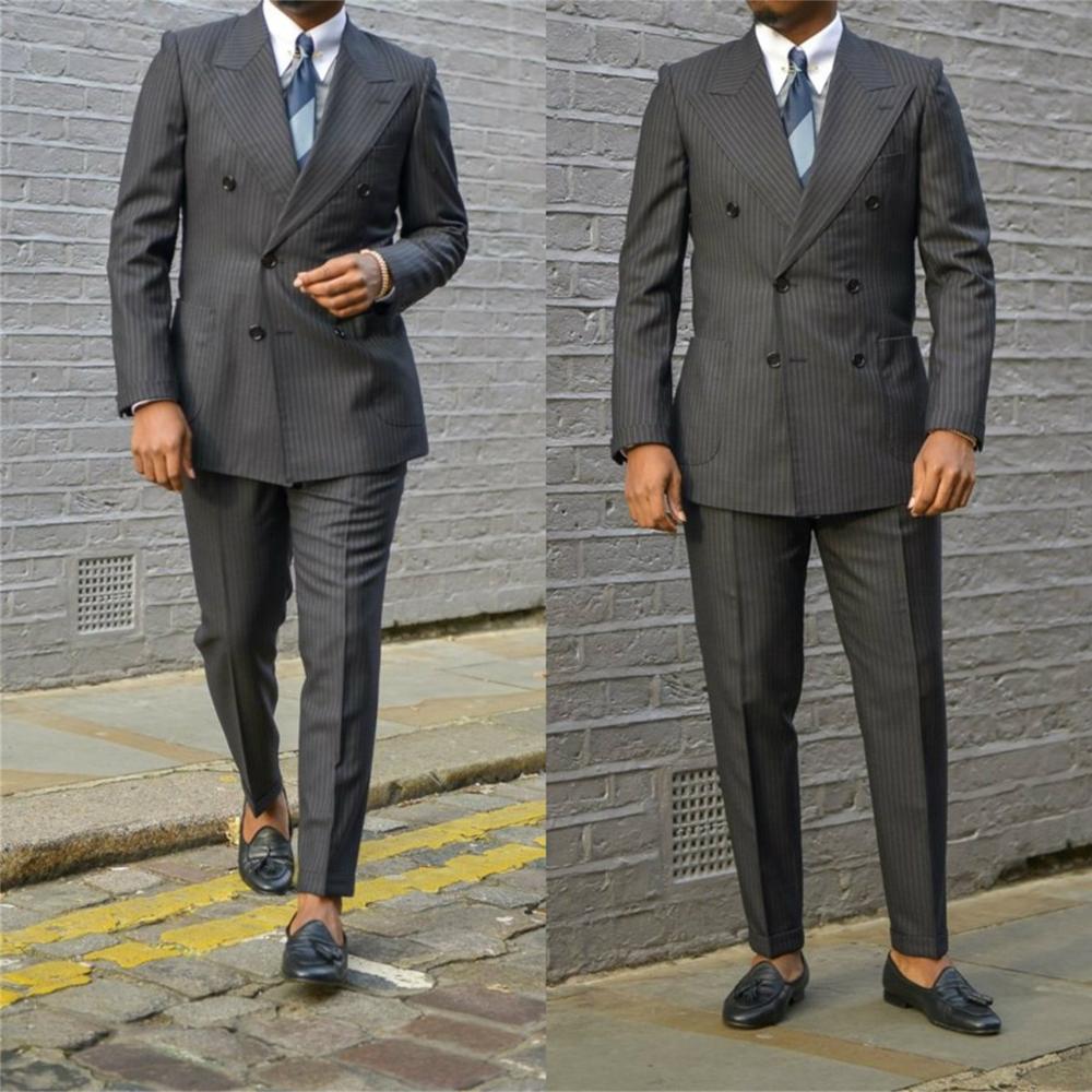 Plus Size Gray Pinstripe Wedding Tuxedos Double Breasted Peaked Lapel Groom Wear Party Prom Best Men Blazer Suit(Jacket+Pants)