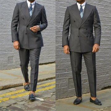 Plus Size Gray Pinstripe Wedding Tuxedos Double Breasted Peaked Lapel Groom Wear Party Prom Best Men Blazer Suit(Jacket+Pants)