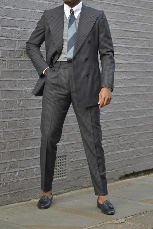 Esmoquin de boda de talla grande con raya diplomática gris, doble botonadura, solapa de pico, para novio, fiesta de graduación, el mejor traje de chaqueta para hombre (chaqueta + pantalón) 