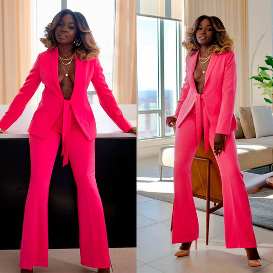 Plus Size Hot Pink Mother of the Bride Suits For Wedding  Women Sexy Wide Leg Wear Trousers Set 2 Pieces
