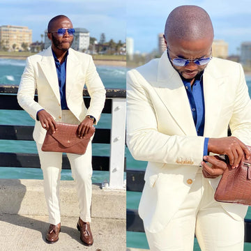 Plus Size Ivory Men Pants Suit 2 Pieces Soild Color Groom Tuxedos Peaked Lapel Prom Party Blazer (Jacket+Pants)