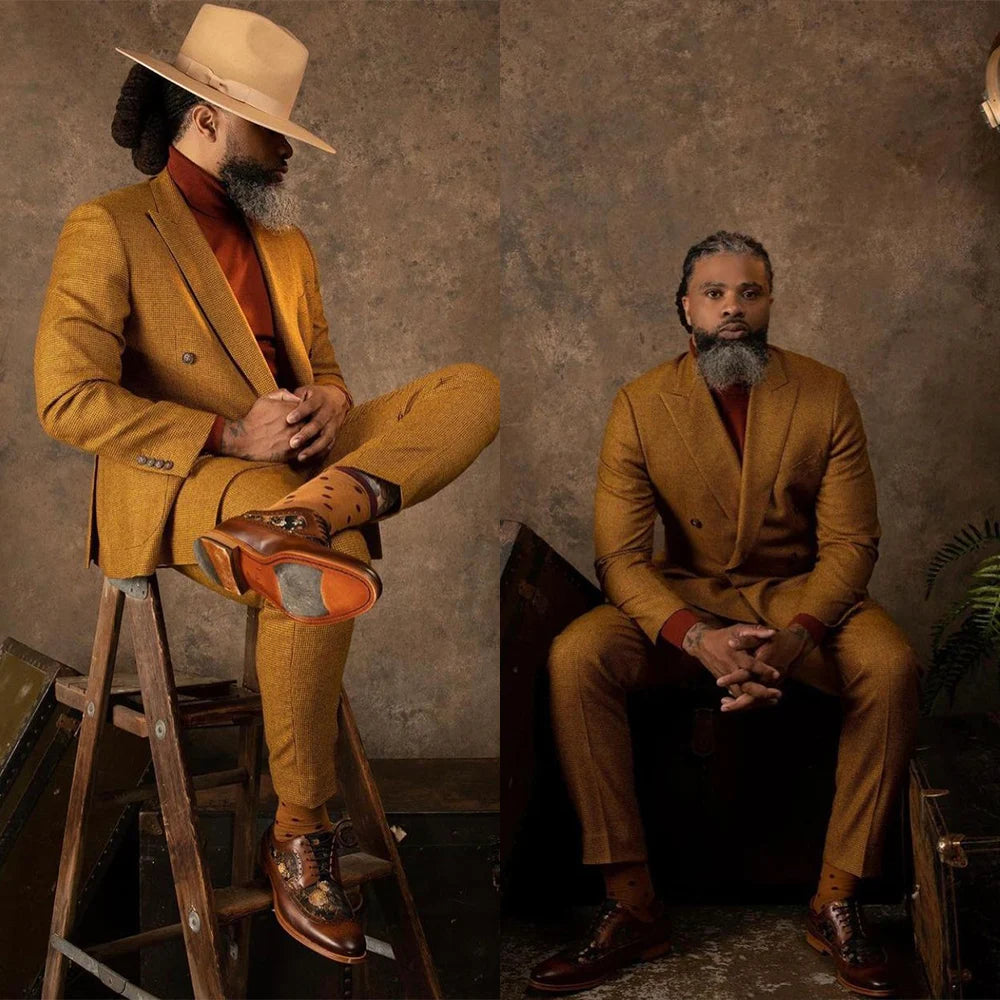 Plus Size Mens Pants Suits Brown Breasted Groom Wedding Prom Party Blazer Coat ( Jacket+Pants)