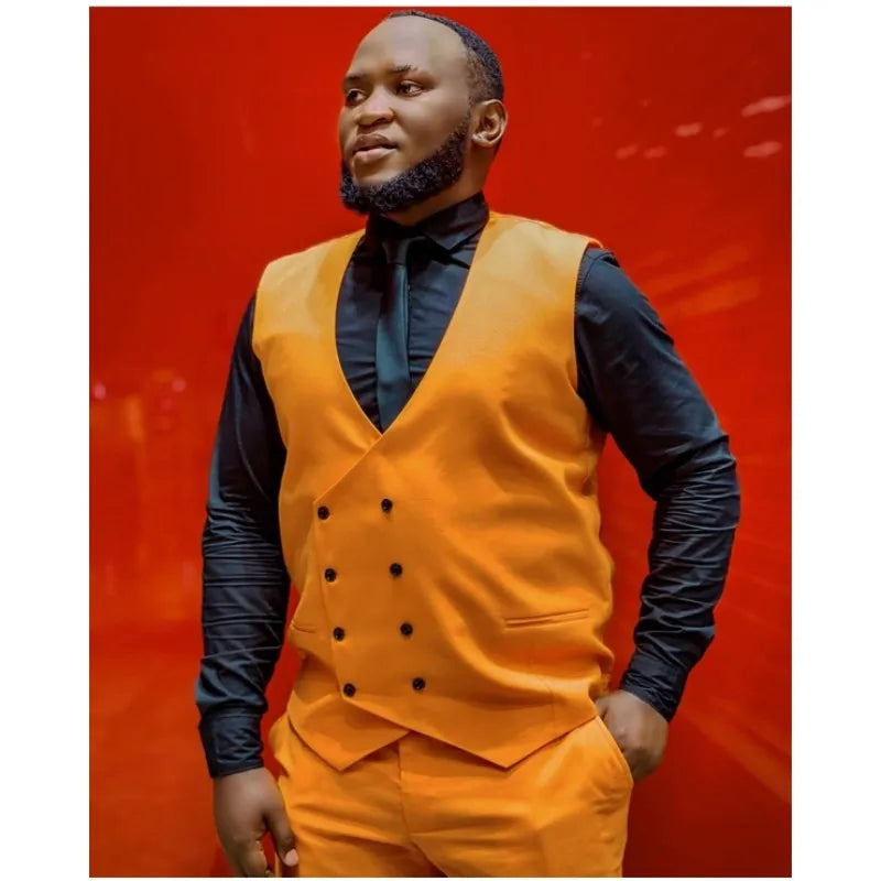 Plus Size Orange Men Suits 2 Pieces Vest+Pant Tuxedos Slim Fit Tailored Made Dress Blazers