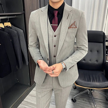 Men's Slim Fit Light Gray Three Piece Suit with Vest and Burgundy Tie