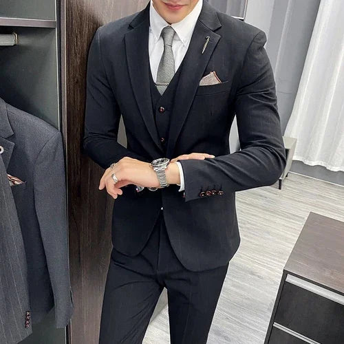 Men's Slim Fit Light Gray Three Piece Suit with Vest and Burgundy Tie