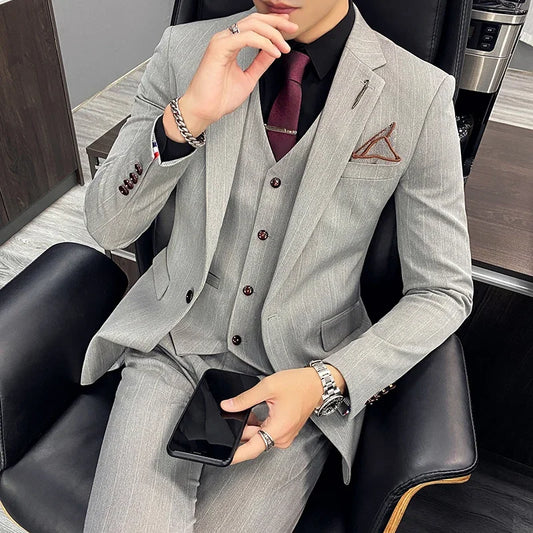 Men's Slim Fit Light Gray Three Piece Suit with Vest and Burgundy Tie