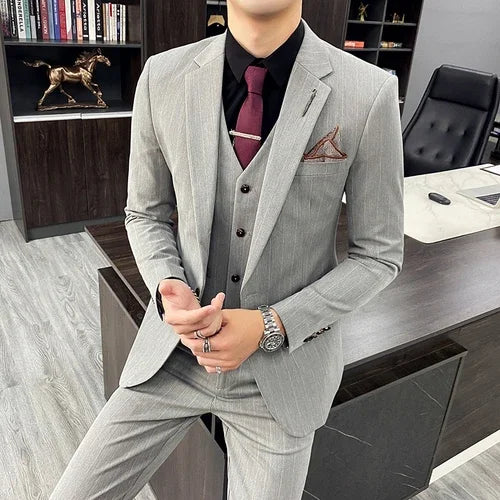 Men's Slim Fit Light Gray Three Piece Suit with Vest and Burgundy Tie