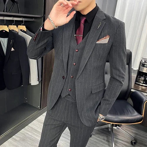 Men's Slim Fit Light Gray Three Piece Suit with Vest and Burgundy Tie