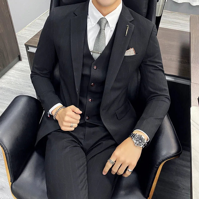 Men's Slim Fit Light Gray Three Piece Suit with Vest and Burgundy Tie