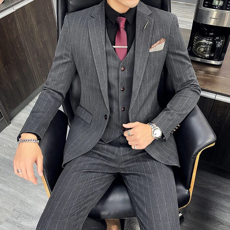 Men's Slim Fit Light Gray Three Piece Suit with Vest and Burgundy Tie