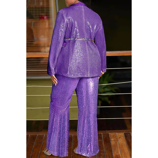 Conjunto de pantalón semiformal de talla grande, elegante blazer de tela brillante con cuello vuelto y manga larga para otoño e invierno, dos piezas
