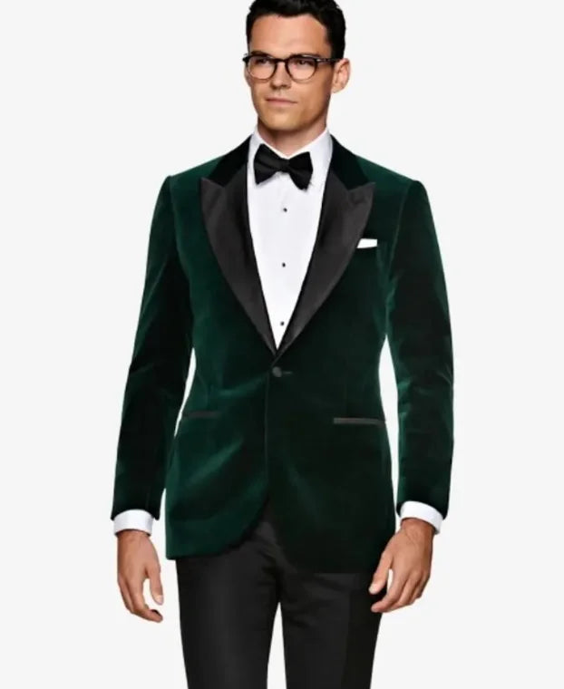 Costume 2 pièces en velours vert foncé à un bouton pour homme, veste et pantalon, idéal pour un mariage, un bal ou un dîner.