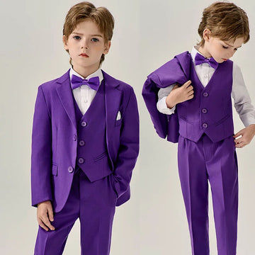 Boys Purple 5-Piece Suit Set with Jacket Vest Pants Shirt and Bow Tie