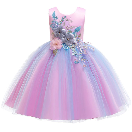 Girls Floral Embroidered Tulle Princess Dress Sleeveless Ball Gown Toddler Party Dress