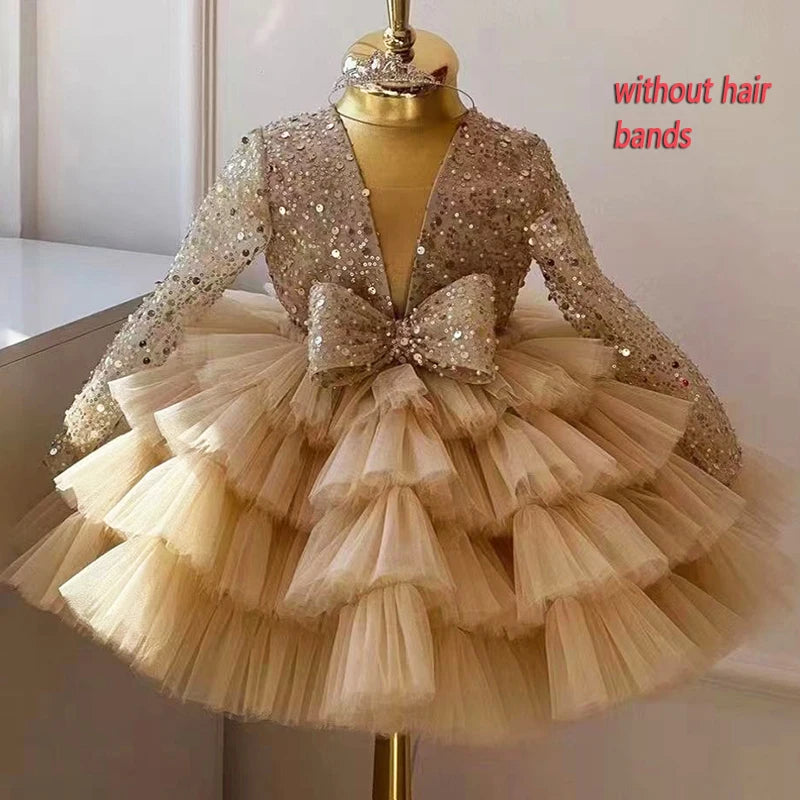 Robe en tulle à paillettes pour bébé fille, manches longues et nœud papillon 