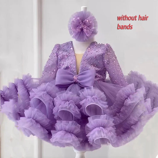 Robe en tulle à paillettes pour bébé fille, manches longues et nœud papillon 