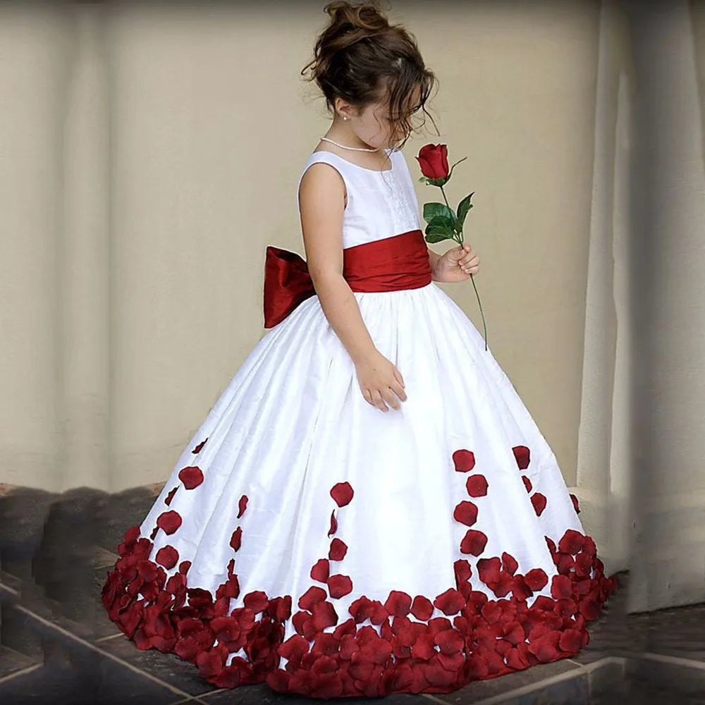Girls White and Red Flower Petal Dress with Bow and Sleeveless Design