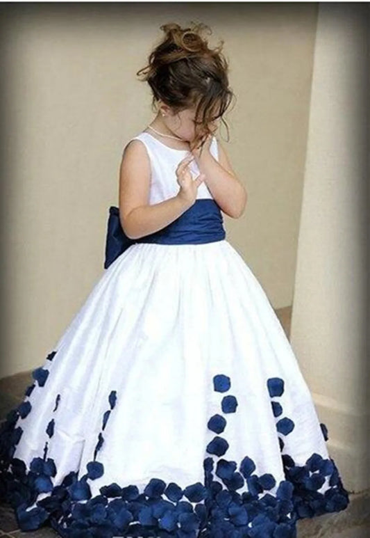 Girls White and Red Flower Petal Dress with Bow and Sleeveless Design