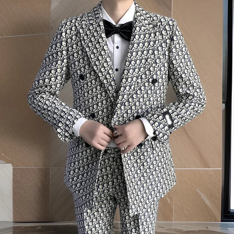 Costume smoking 2 pièces imprimé croisé coupe slim pour homme, idéal pour les mariages et les événements formels, avec veste et pantalon.