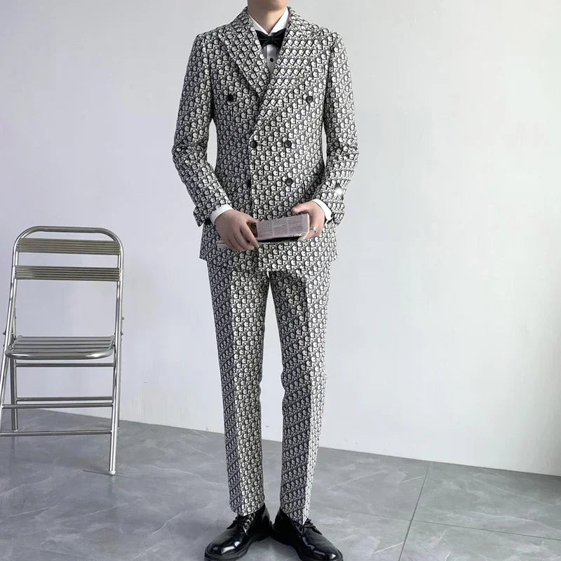 Costume smoking 2 pièces imprimé croisé coupe slim pour homme, idéal pour les mariages et les événements formels, avec veste et pantalon.