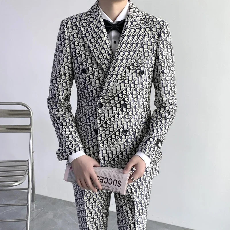 Costume smoking 2 pièces imprimé croisé coupe slim pour homme, idéal pour les mariages et les événements formels, avec veste et pantalon.