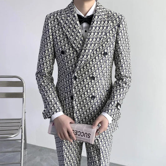 Stylish Printed Double Breasted Slim Fit Tuxedo Suit for Men, Perfect for Weddings and Formal Events, 2-Piece Fashion Costume with Jacket and Pants