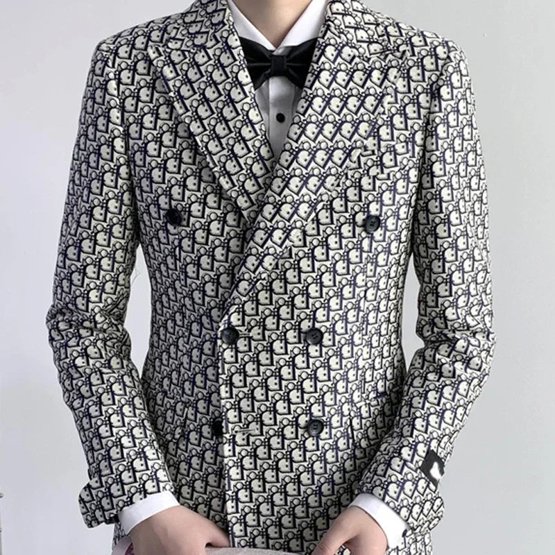 Costume smoking 2 pièces imprimé croisé coupe slim pour homme, idéal pour les mariages et les événements formels, avec veste et pantalon.