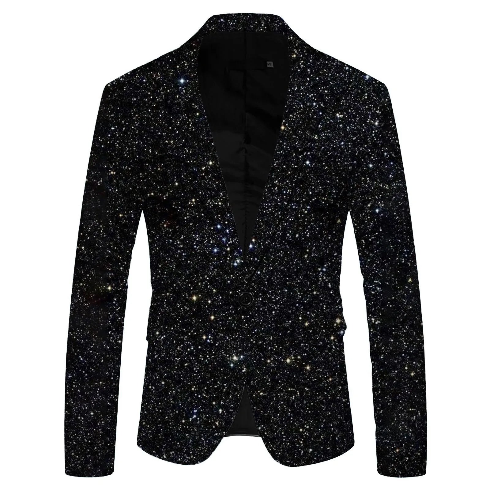 Chaqueta de traje con lentejuelas estampadas para hombre, con solapa y bolsillos, ideal para discotecas, de botonadura sencilla y manga larga, color negro. 