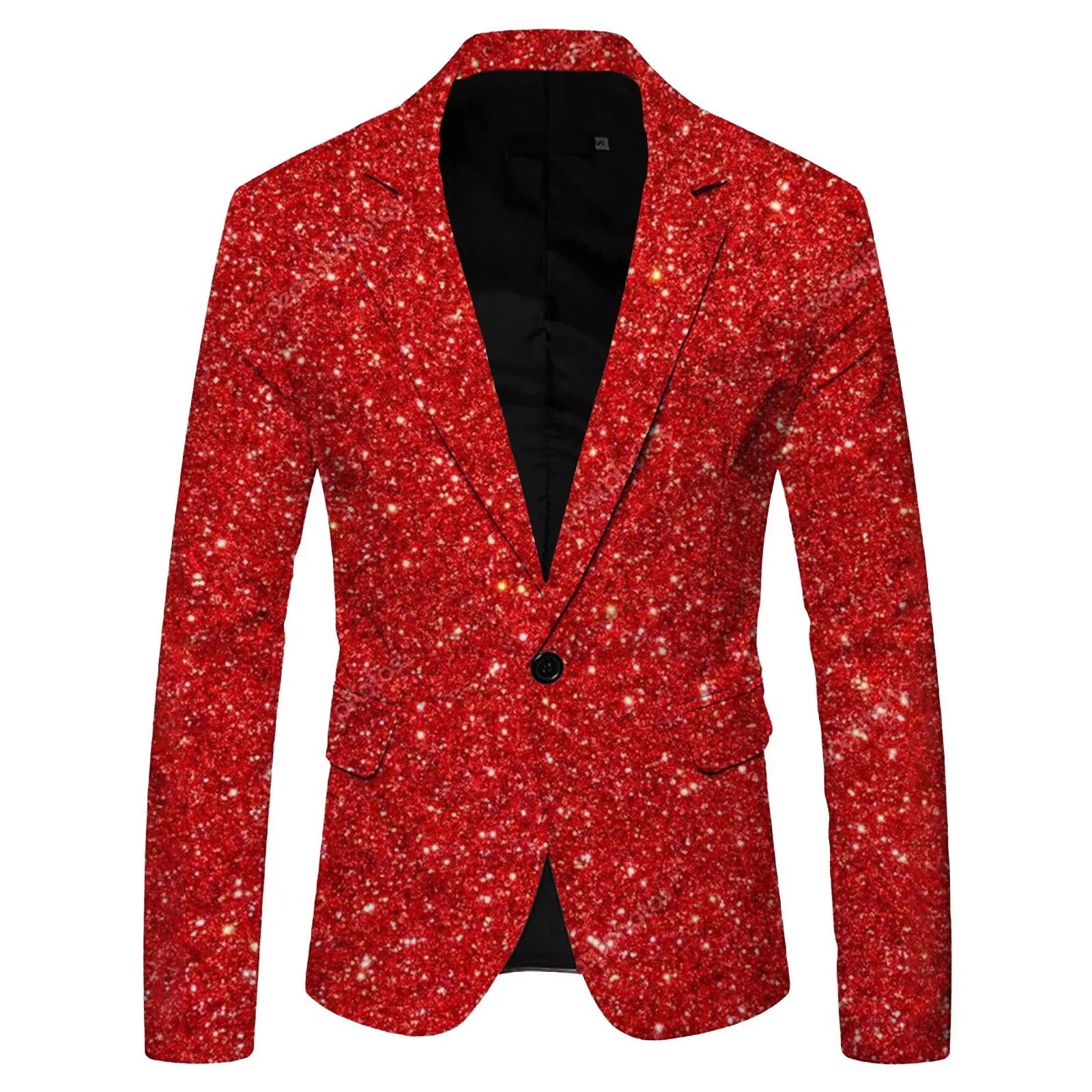 Chaqueta de traje con lentejuelas estampadas para hombre, con solapa y bolsillos, ideal para discotecas, de botonadura sencilla y manga larga, color negro. 