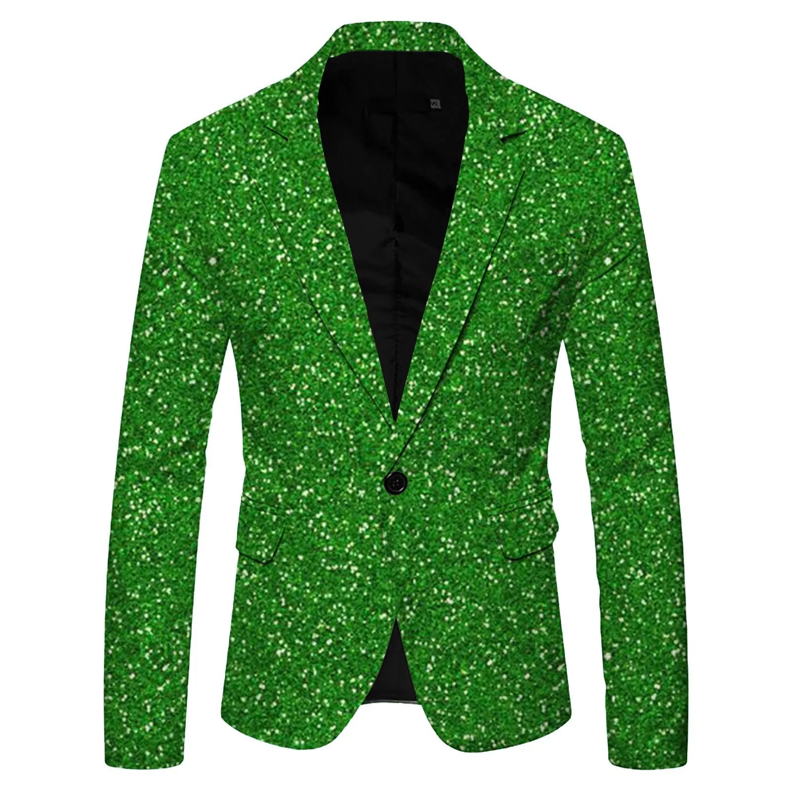 Chaqueta de traje con lentejuelas estampadas para hombre, con solapa y bolsillos, ideal para discotecas, de botonadura sencilla y manga larga, color negro. 
