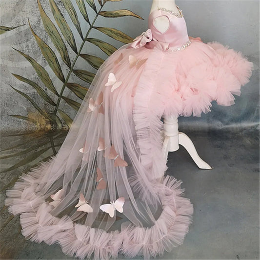 Vestido de niña de flores de tul con adornos de mariposas rosas, lazo y diadema