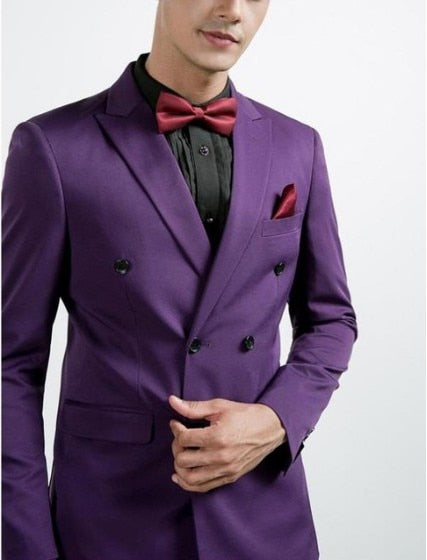 Esmoquin de boda morado cruzado, traje entallado para hombre, traje de dos piezas para padrinos de boda, traje formal de graduación (chaqueta, pantalón y corbata). 